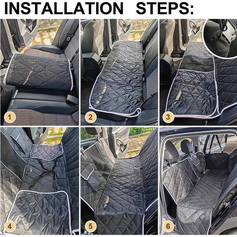 Six-step installation guide demonstrating how to secure the dog car backseat cover inside a vehicle using headrest straps and seat anchors.