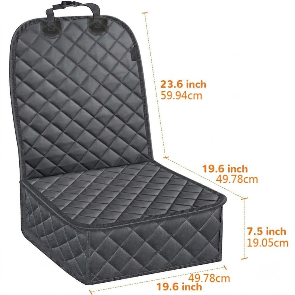 Dimensions guide for the black quilted dog car front seat cover showing specific measurements for the backrest, seat base, and lower skirt.