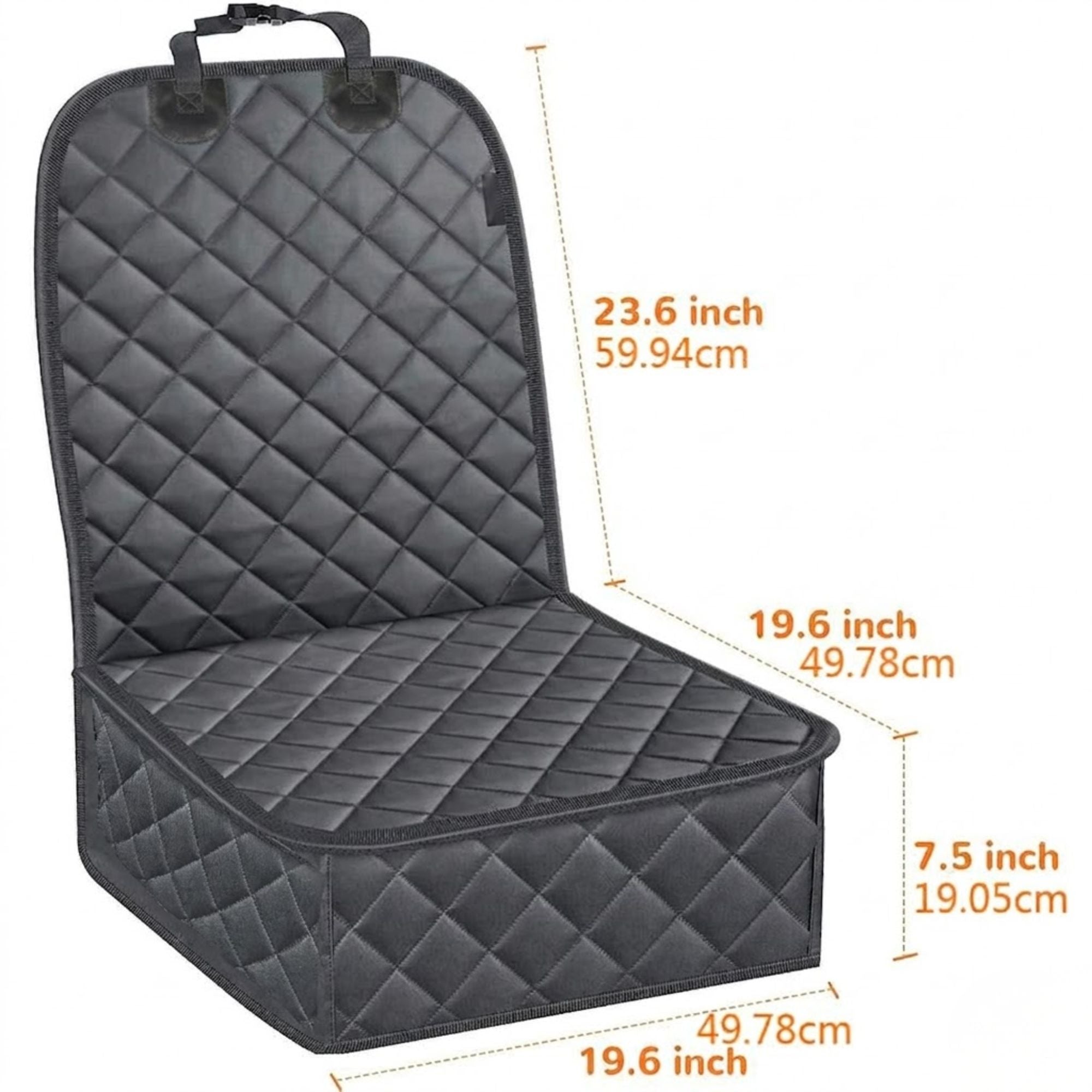 Dimensions guide for the black quilted dog car front seat cover showing specific measurements for the backrest, seat base, and lower skirt.