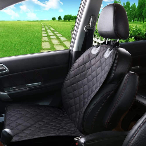 Black quilted dog car front seat cover installed on a vehicle front passenger seat.