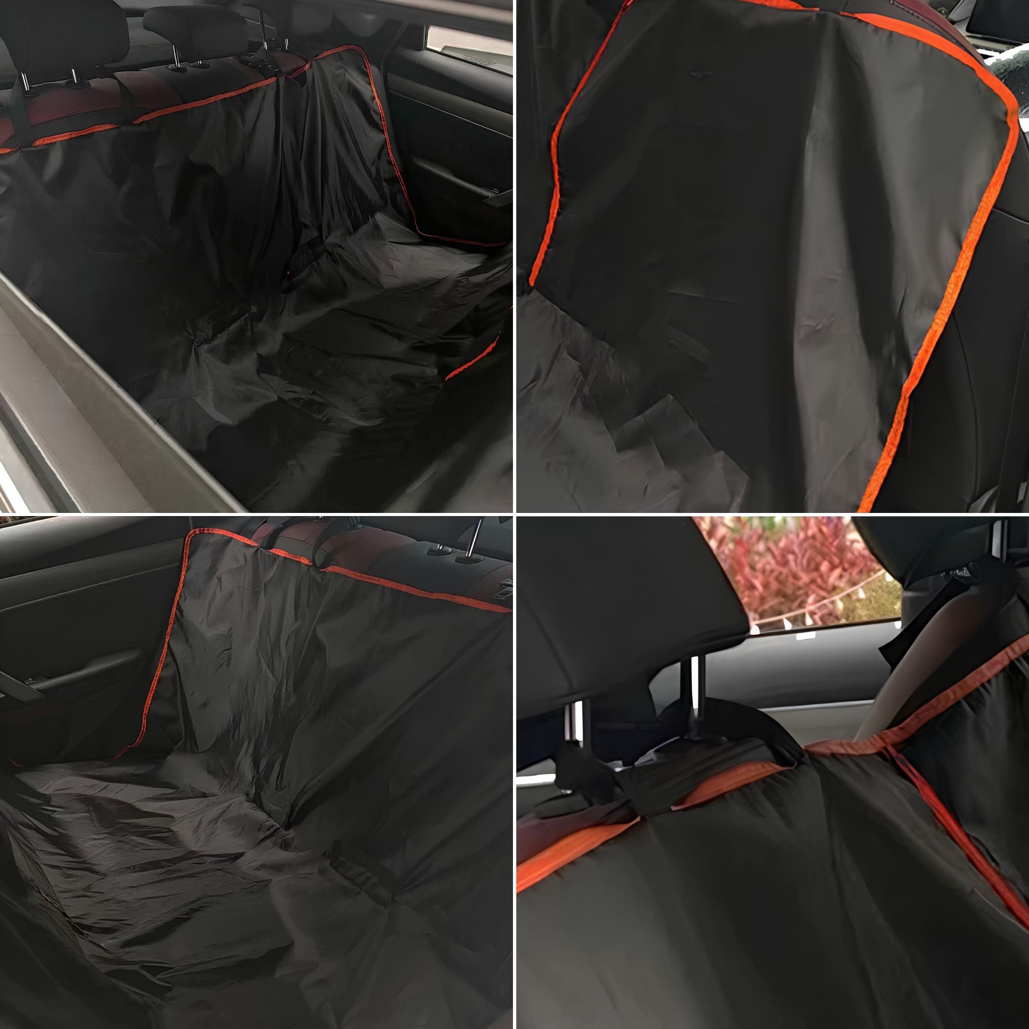 Close-up structural details of a vehicle pet seat protector, displaying the adjustable headrest straps, quick-release buckles, and thick Oxford cloth texture.