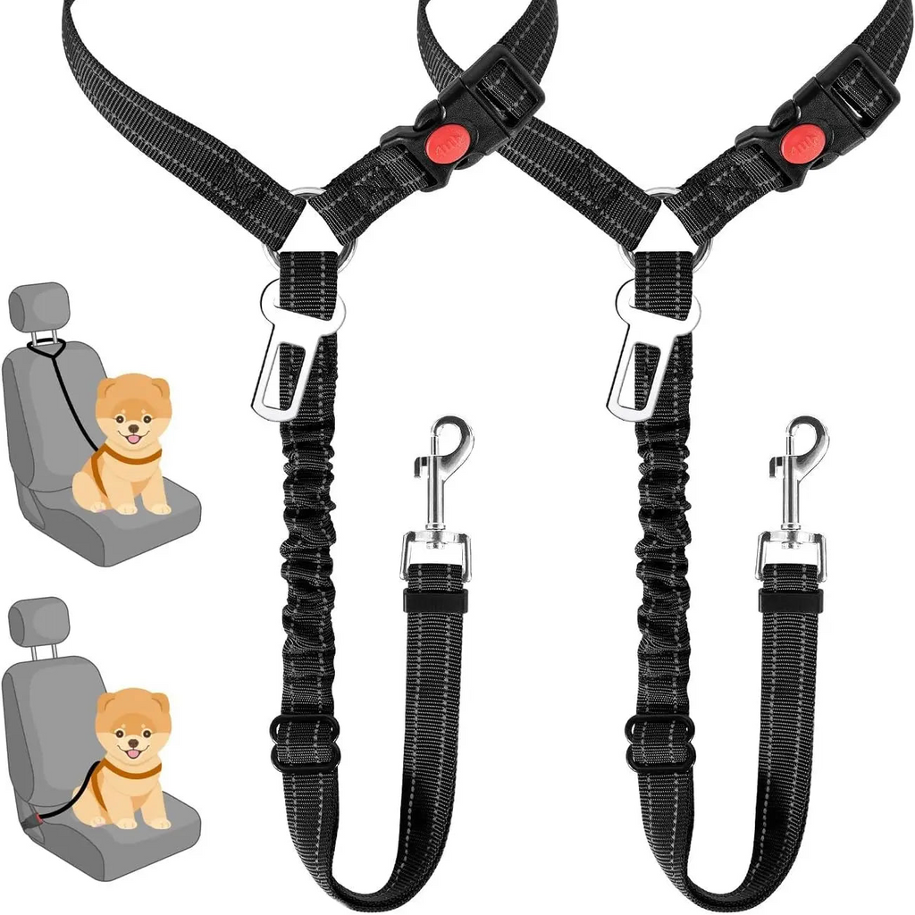 Two-pack of the dog car seat belt displayed alongside illustrations indicating front and rear vehicle passenger seating configurations.