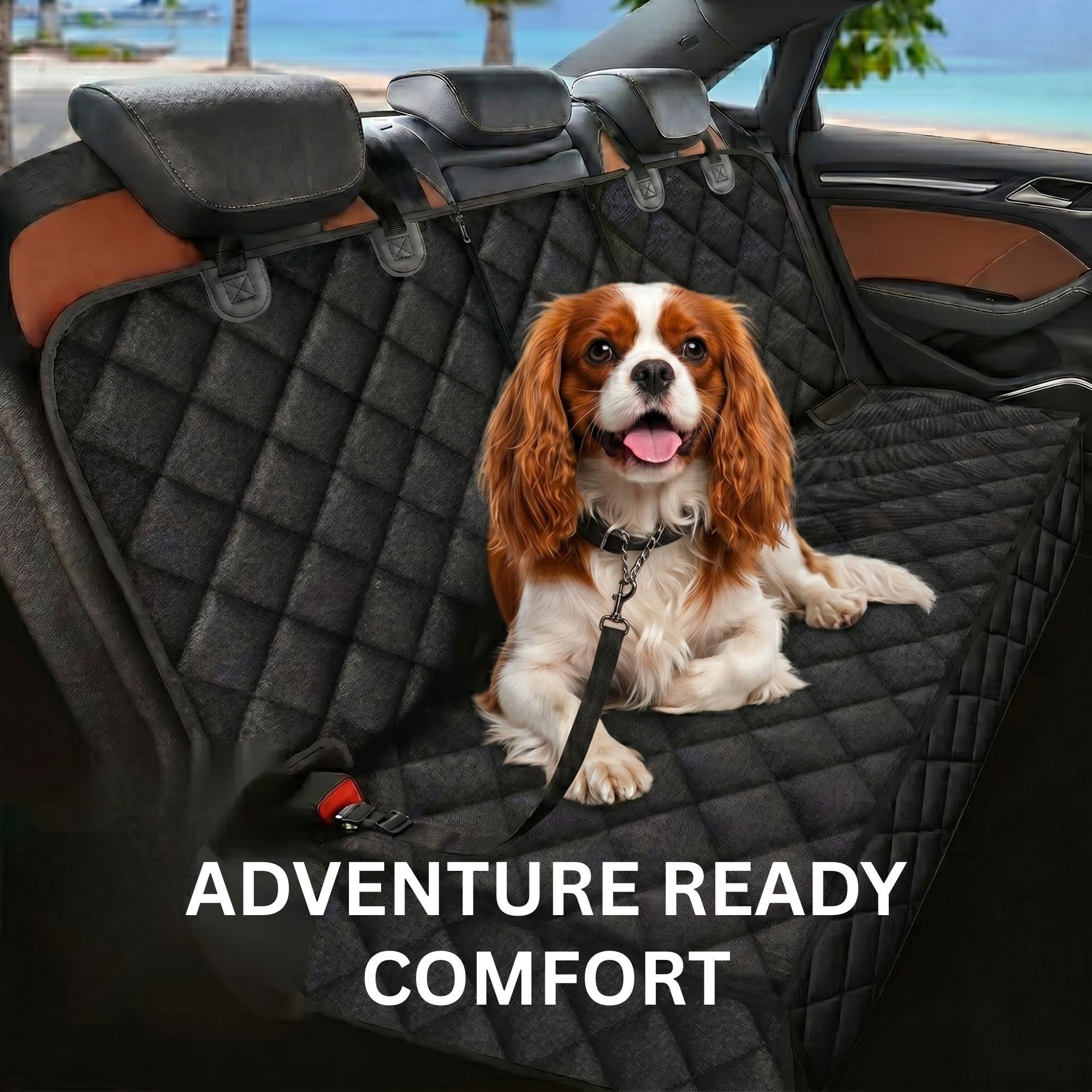 Cavalier King Charles Spaniel sitting comfortably on a waterproof pet car seat cover in the backseat of a car with a beach view out the window.