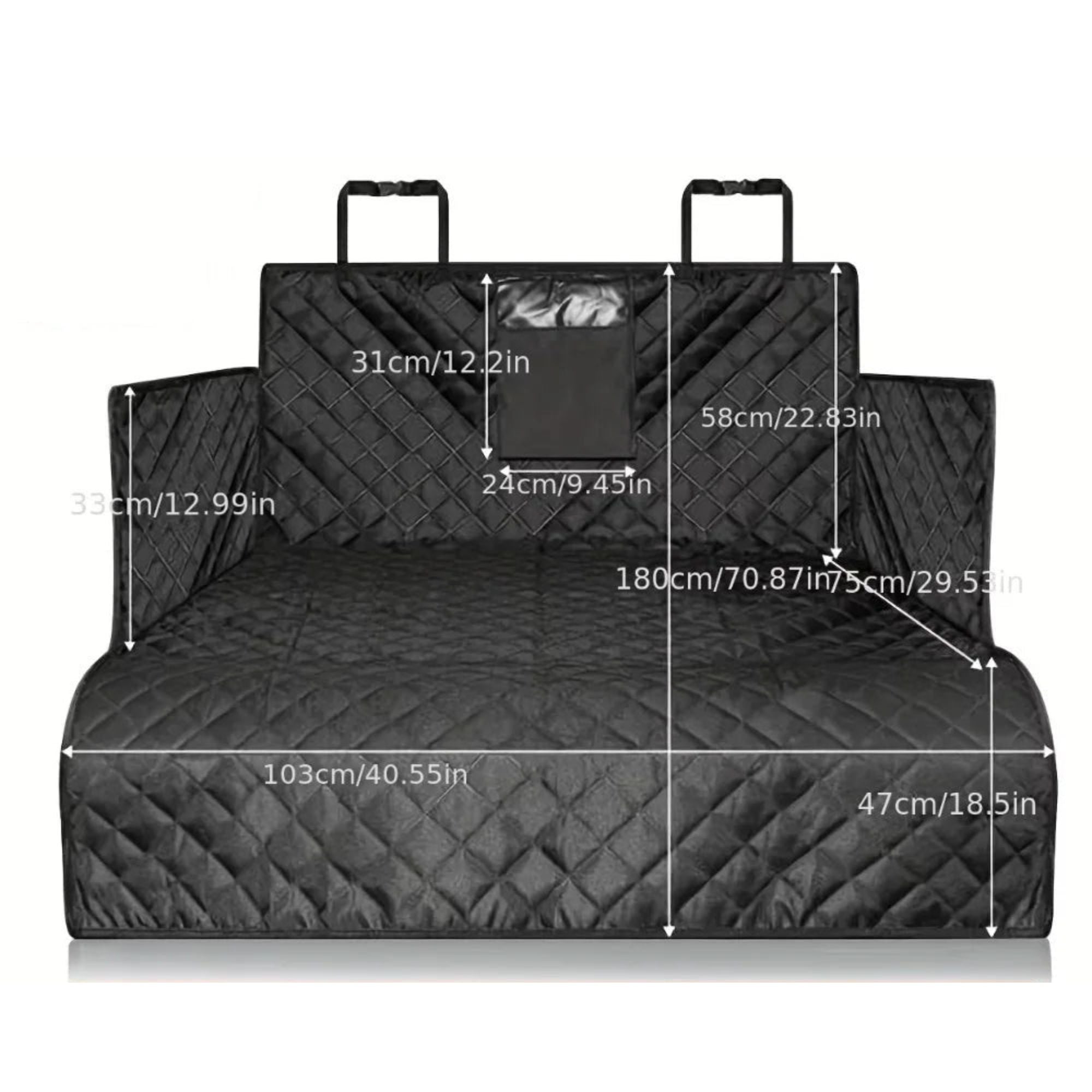 Dimensions of the dog car seat cover and boot liner, detailing the width, length, and side flap measurements for universal passenger vehicle and SUV fitment.