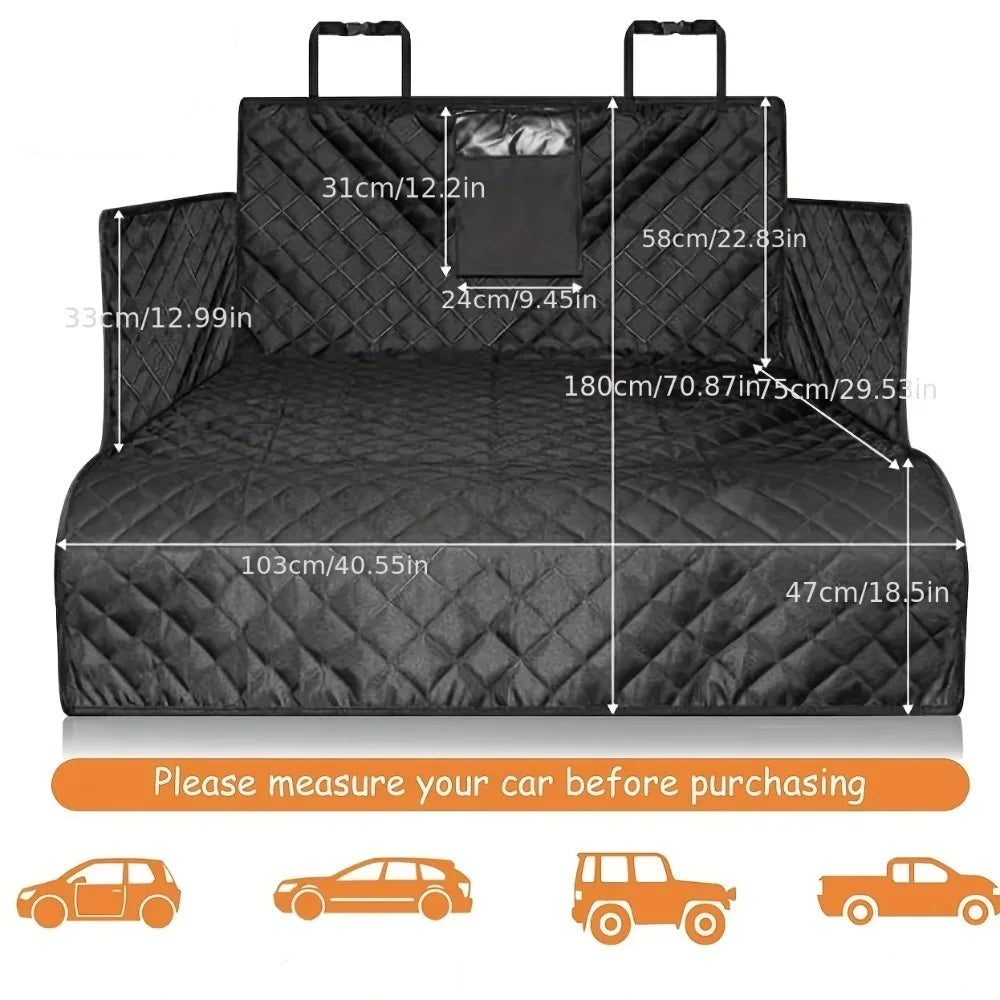 Dimensions of the dog car seat cover and boot liner, detailing the width, length, and side flap measurements for universal passenger vehicle and SUV fitment.