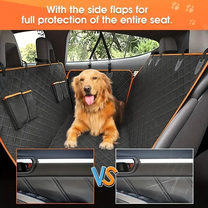 Dog inside the vehicle with the car seat cover side flaps raised, demonstrating physical protection for the interior door panels against scratches.