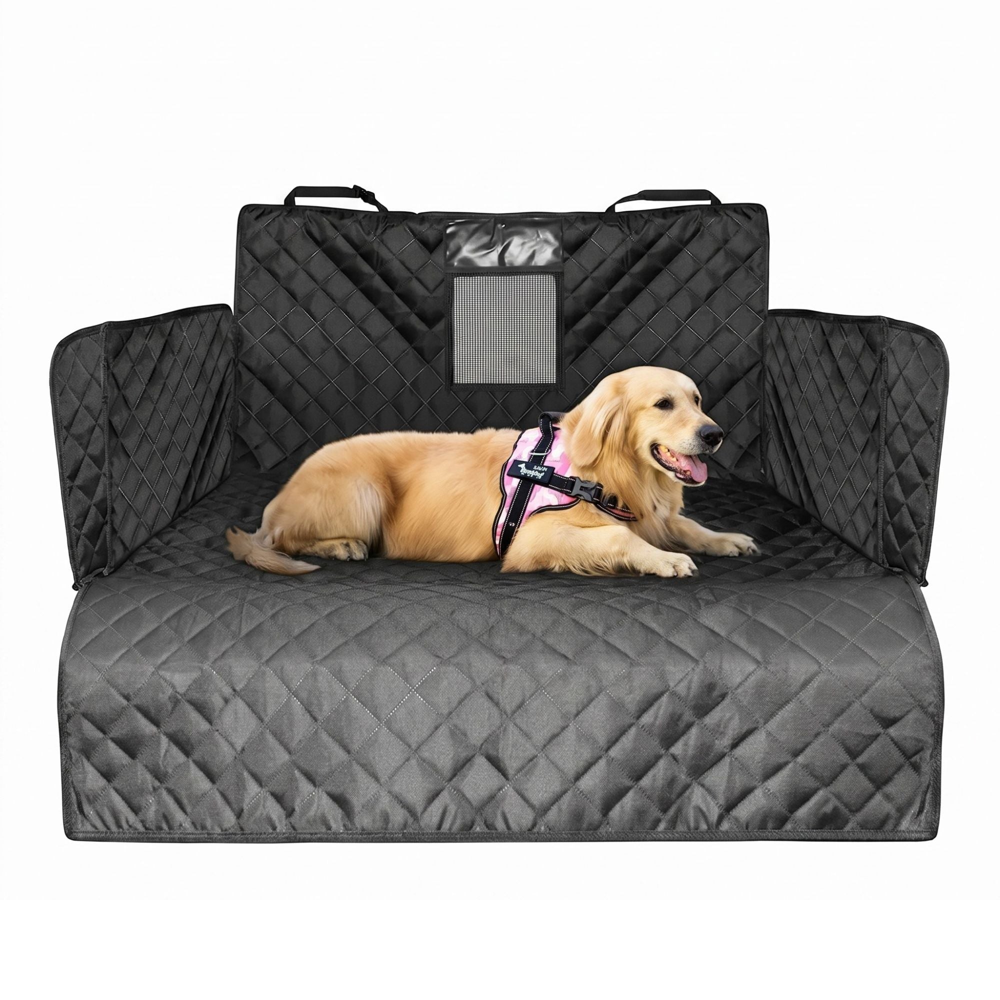 Quilted black dog car seat cover and interior boot liner installed in a vehicle cargo area with a golden retriever resting on it.