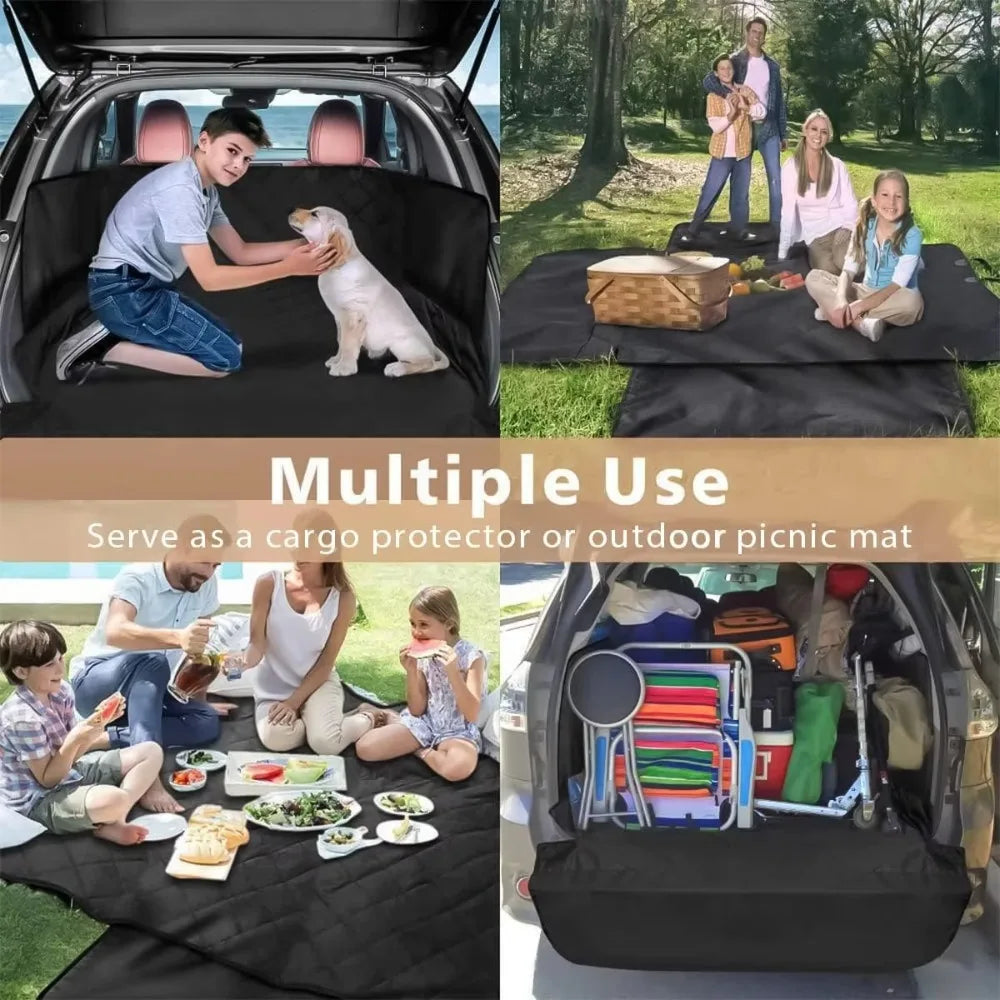 Demonstration of the dog car seat cover being used as a cargo protector during a camping trip and as an outdoor picnic mat for a family.