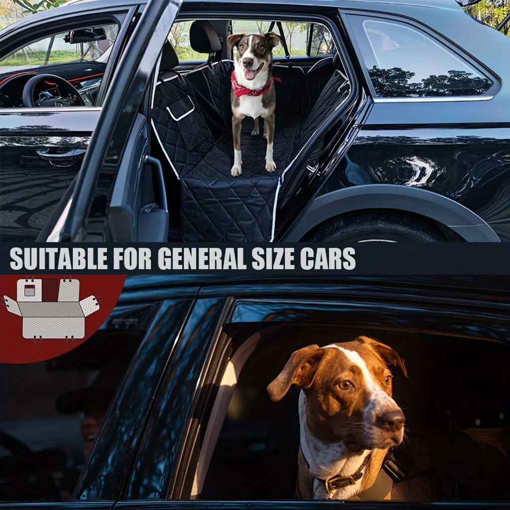 Multiple dogs sitting safely in vehicle rear seats using the black waterproof dog car backseat cover, demonstrating fitment across various car sizes.