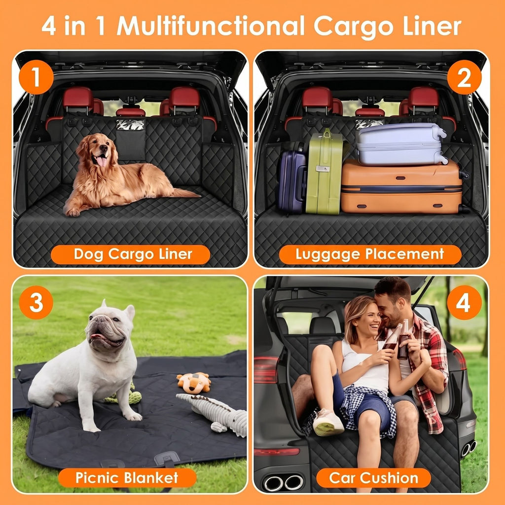 Four configurations of the dog car seat cover, demonstrating its use as a cargo liner, luggage placement mat, outdoor picnic blanket, and car cushion.