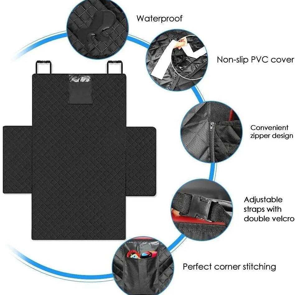 Diagram detailing the features of the dog car seat cover, including waterproof fabric layers, non-slip PVC backing, adjustable headrest straps, and corner zippers.