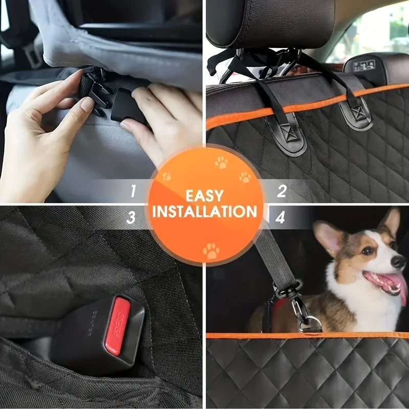 Four panel grid demonstrating the installation process, including adjusting the headrest straps, securing base seat anchors, and utilizing the seatbelt access points.