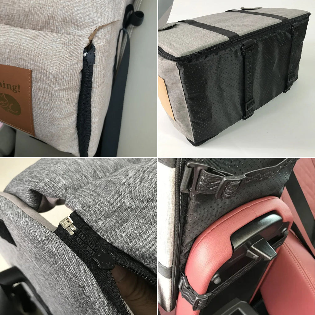Detailed panel view showing the dog booster seat zipper closure, reinforced carrying straps, and the underside centre console mounting system.