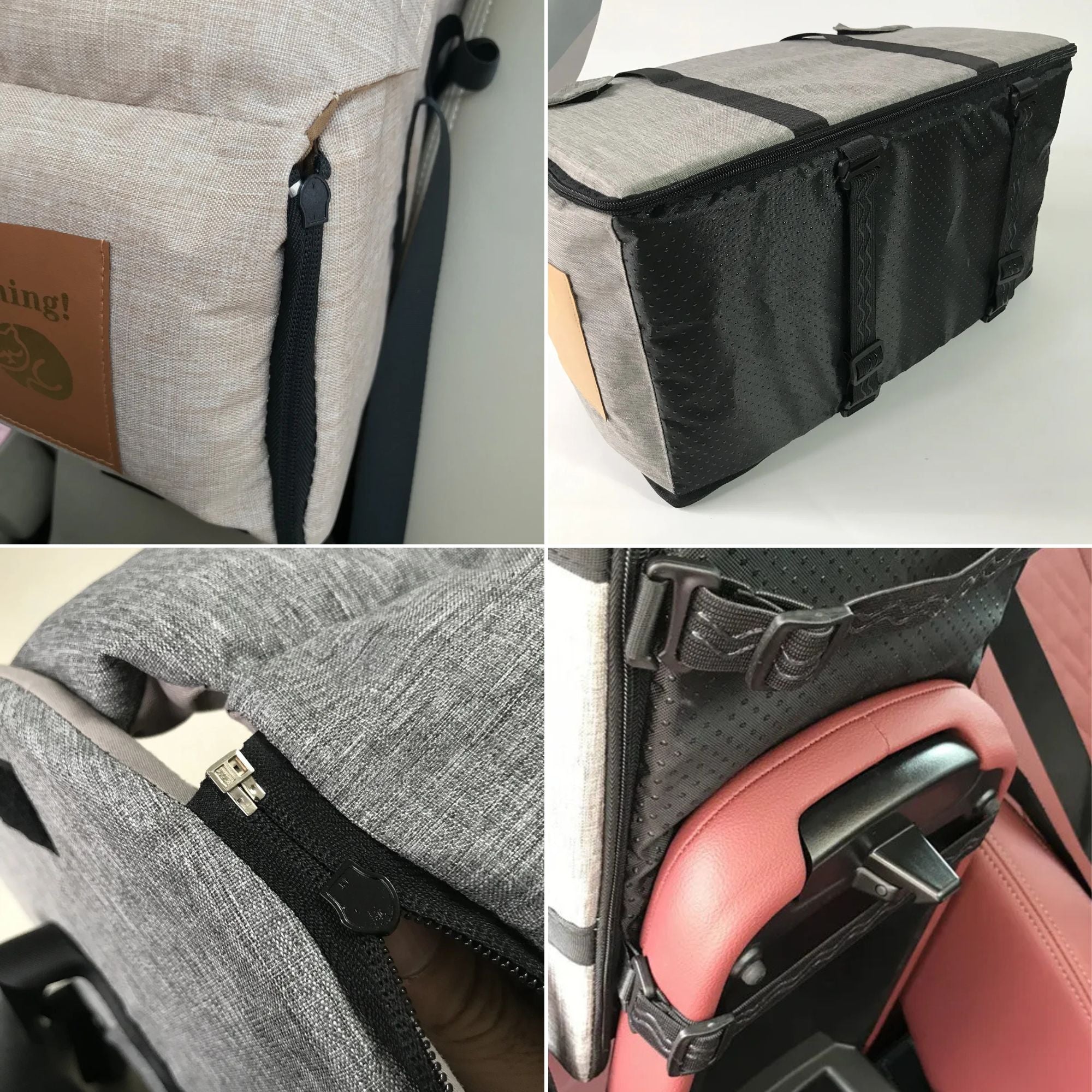 Detailed panel view showing the dog booster seat zipper closure, reinforced carrying straps, and the underside centre console mounting system.