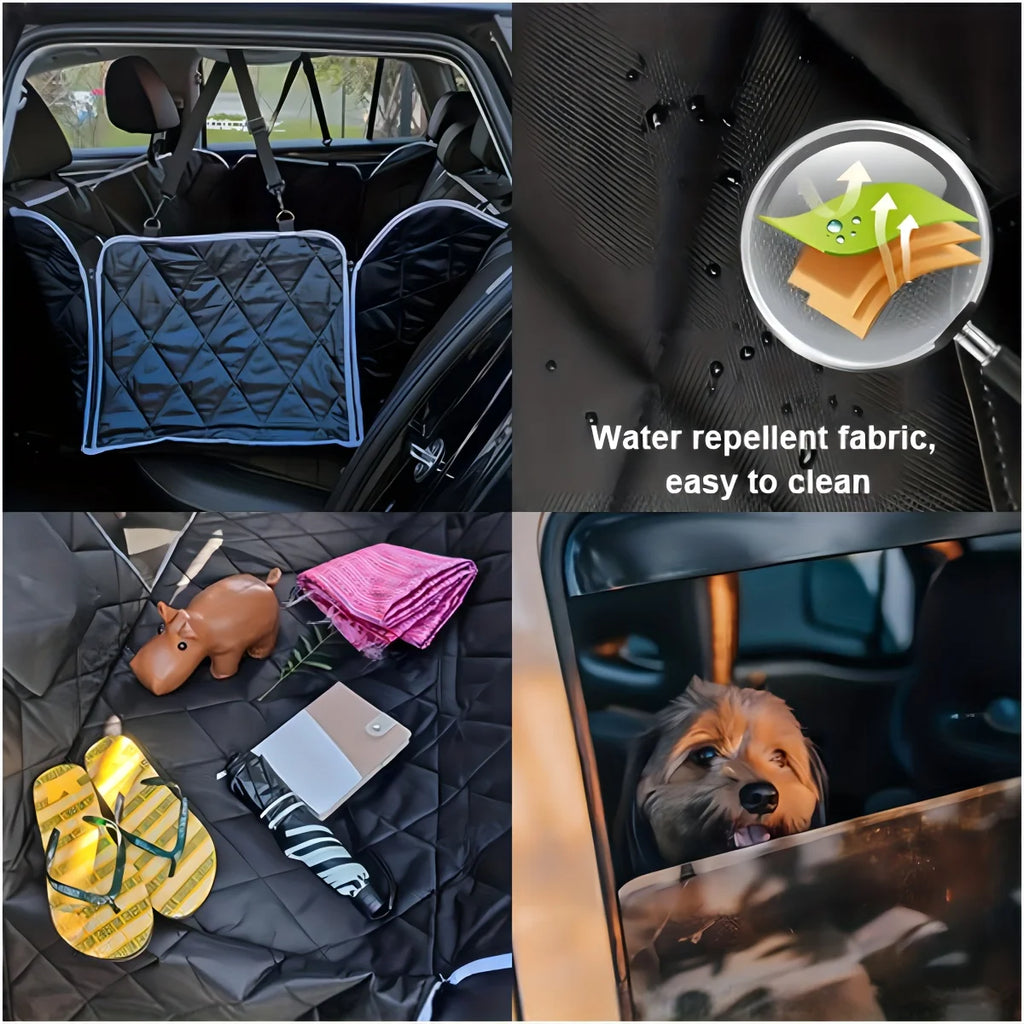 Details of the dog travel mat showing the water-repellent fabric, zippered side door flaps, and items resting on the scratch-resistant Oxford material.