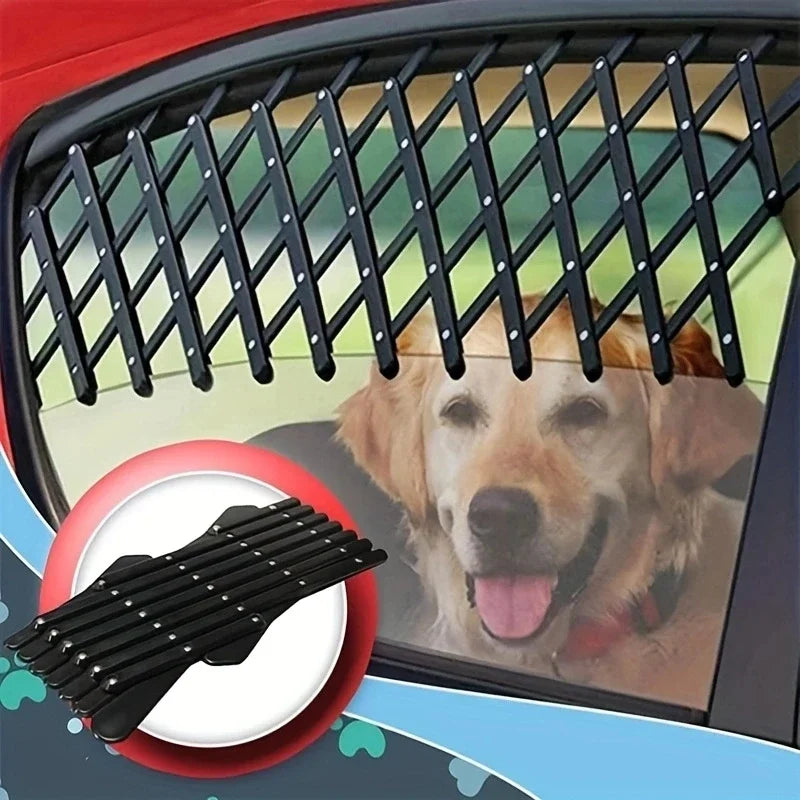 A golden retriever looking safely out of a partially open car window secured by a black retractable pet barrier.
