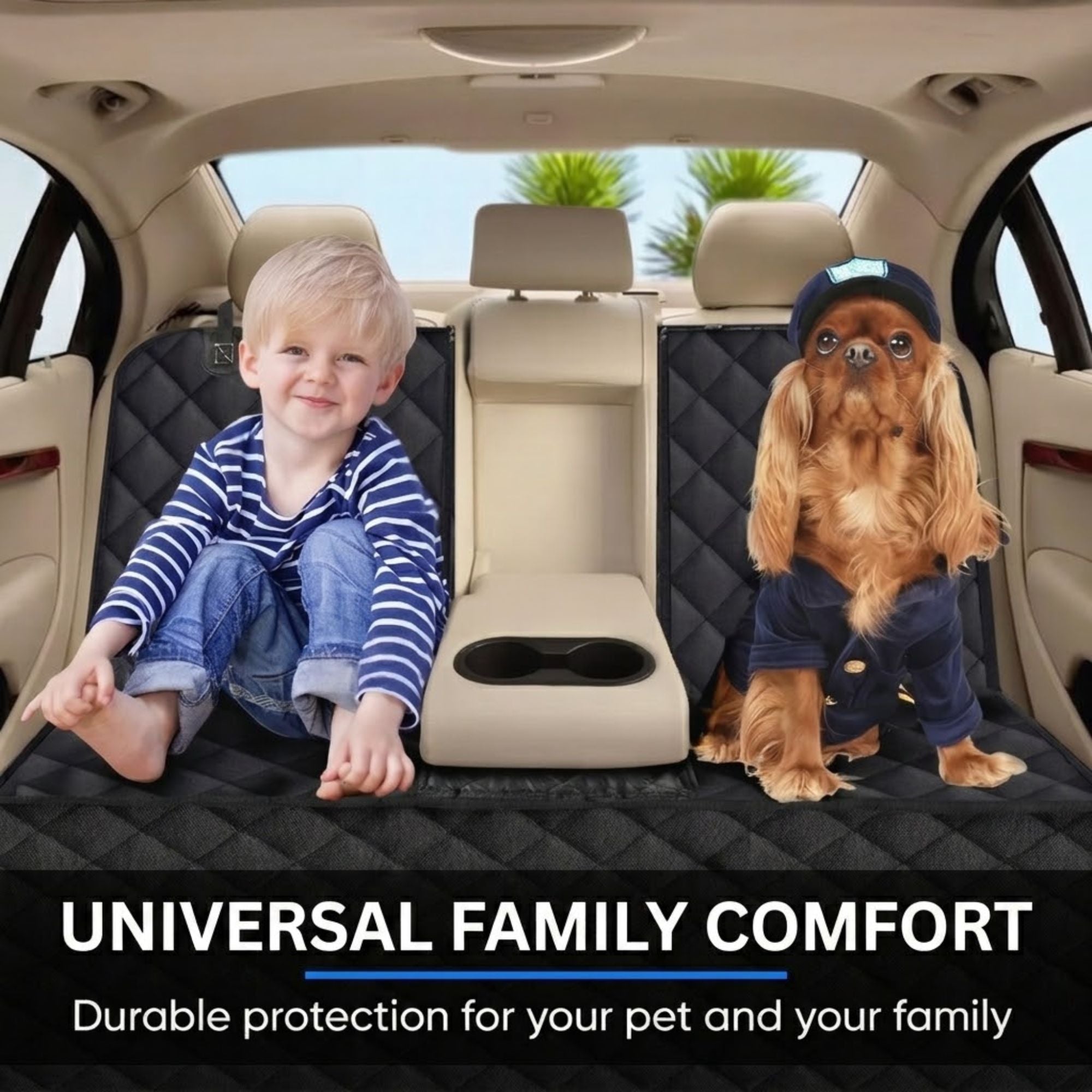 A car rear seat with a black quilted pet and family comfort mat shown in use, with a young boy sitting on the left and a small dog on the right. Text at the bottom reads 'UNIVERSAL FAMILY COMFORT' and 'Durable protection for your pet and your family.