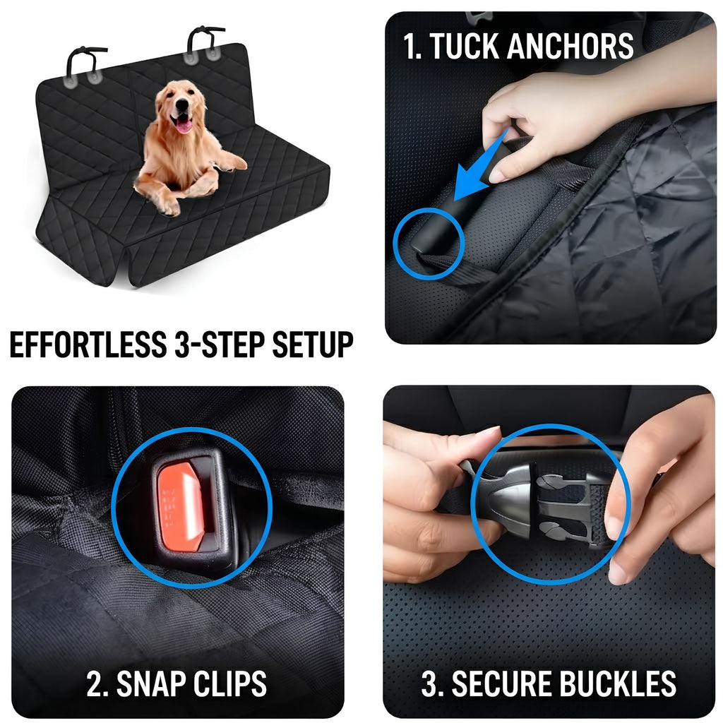 A four-panel instructional graphic showing how to set up a black quilted pet car seat cover. The top-left panel shows a golden retriever sitting on the cover, while the other panels show close-up steps: tucking anchors, snapping clips, and securing buckles, with blue circles highlighting key areas.