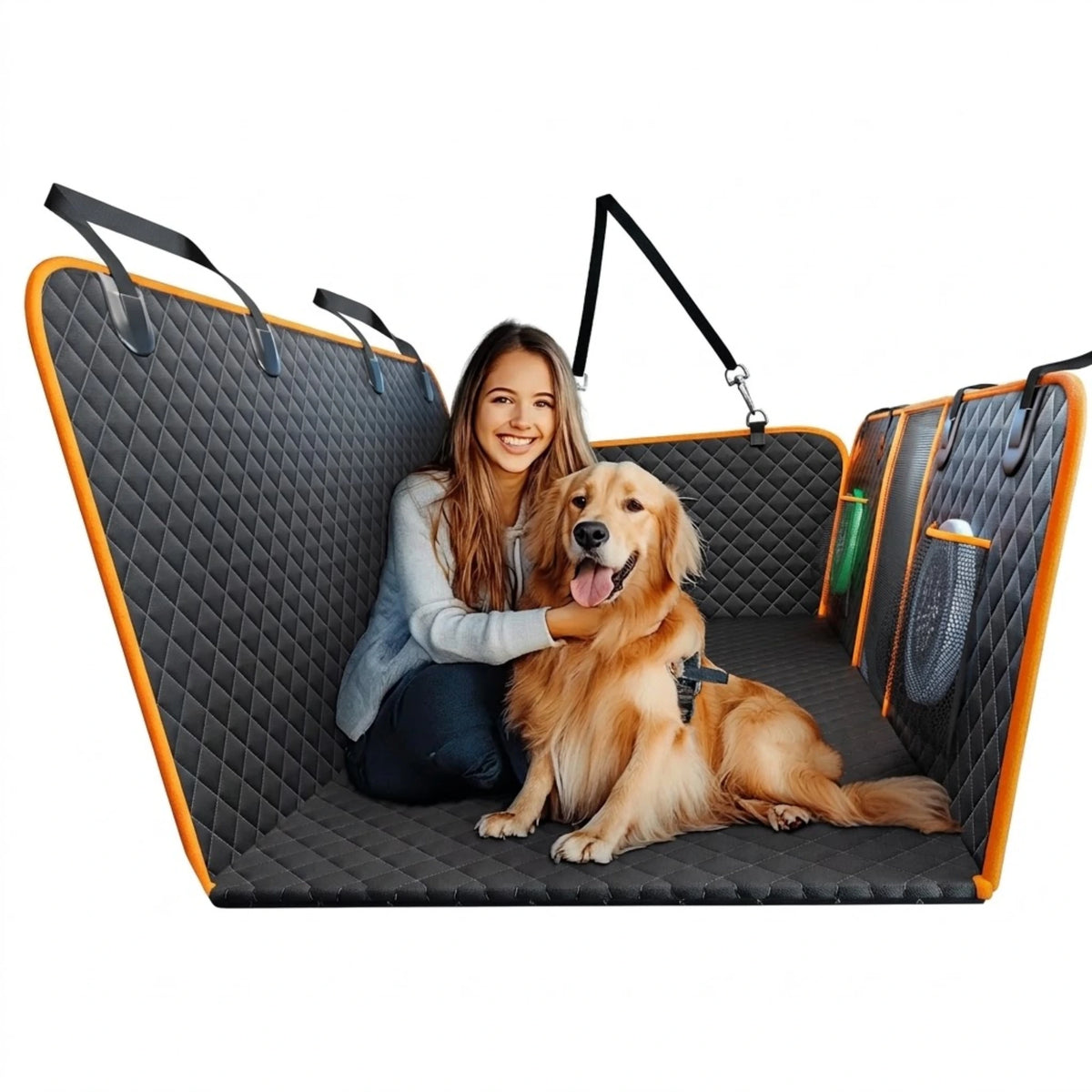 Heavy-Duty Dog Seat Extender in black with orange trim, woman hugging a golden retriever on the flat rear seat platform, white background
