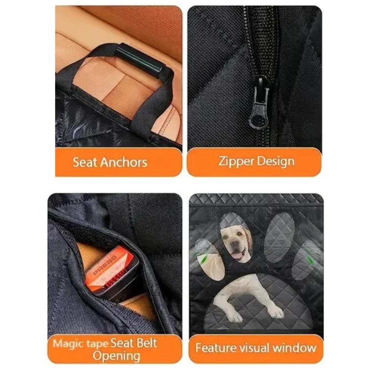 Quilted Dog Car Hammock close-up details of seat anchors, zip, seat belt opening with hook and loop tape, and mesh viewing window