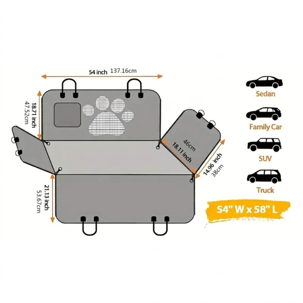 Quilted Dog Car Hammock dimension diagram, 54 inch wide x 58 inch long, compatible with sedans, family cars, SUVs and utes