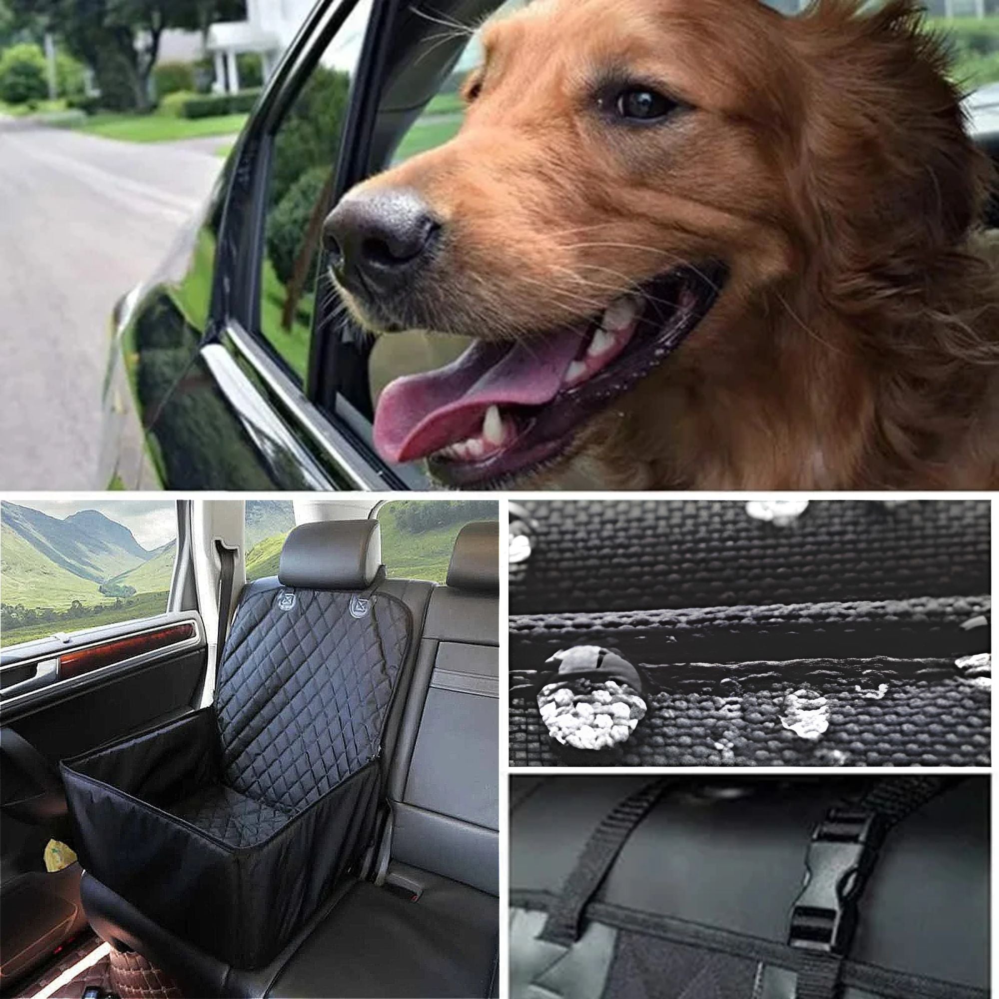Collage showing a golden retriever with its head out a car window, close-up of the Waterproof Dog Car Hammock's waterproof quilted fabric with water beads, the seat fitted in a car with a mountain view, and its adjustable strap buckle