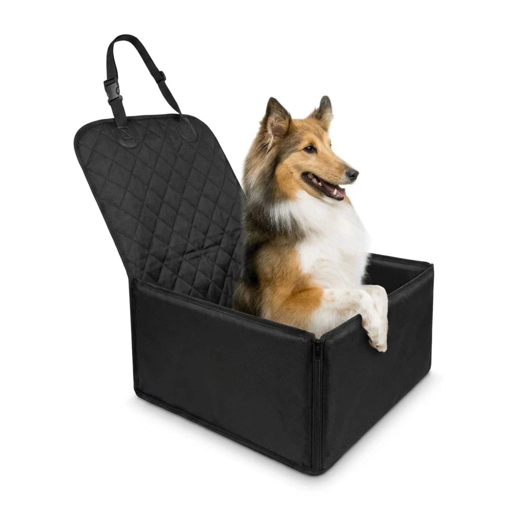 Rough collie sitting up in the black Waterproof Dog Car Hammock booster seat, shown as a studio product shot on a white background