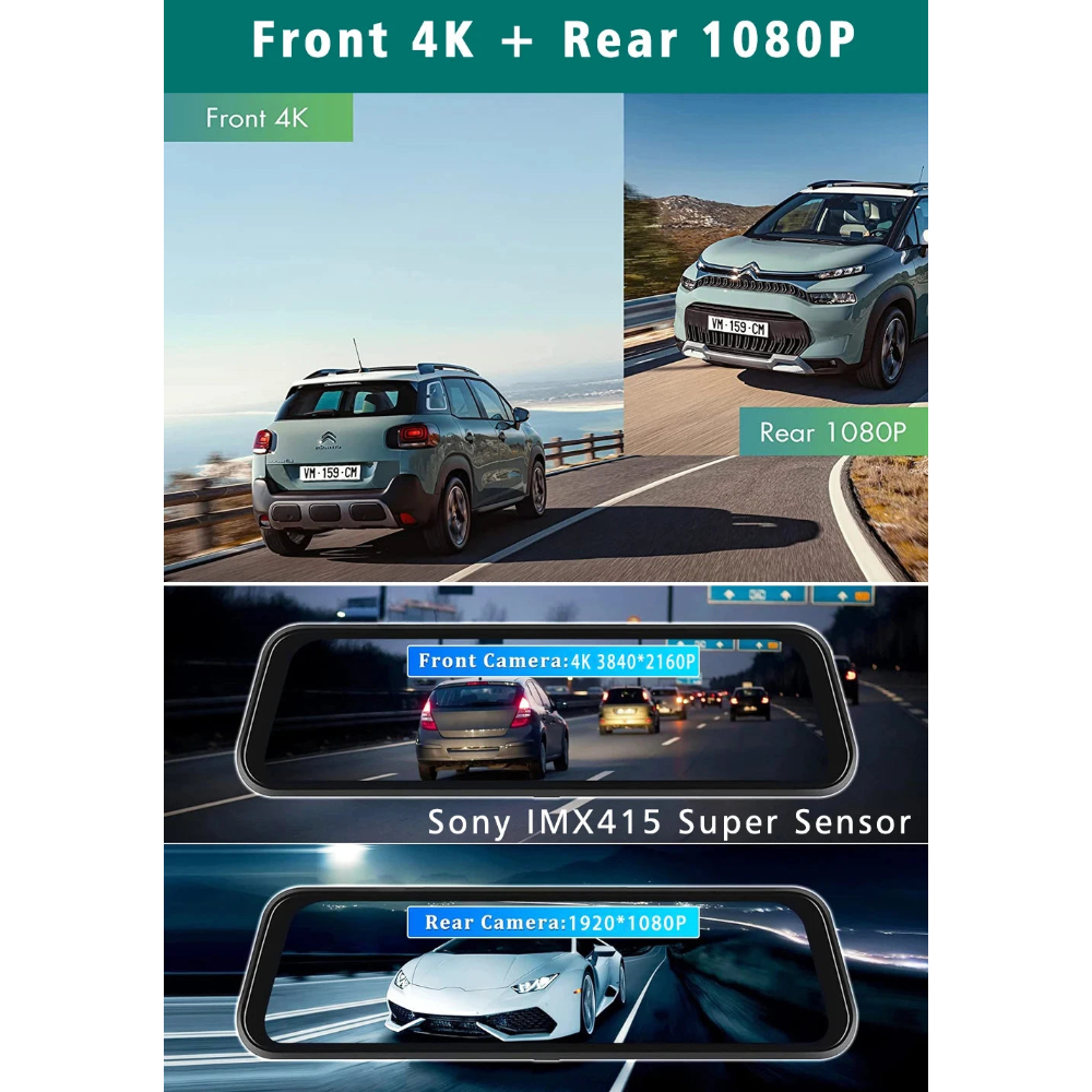 Split-screen interface of the rearview mirror dash cam demonstrating simultaneous 4K front camera and 1080P rear camera recording.