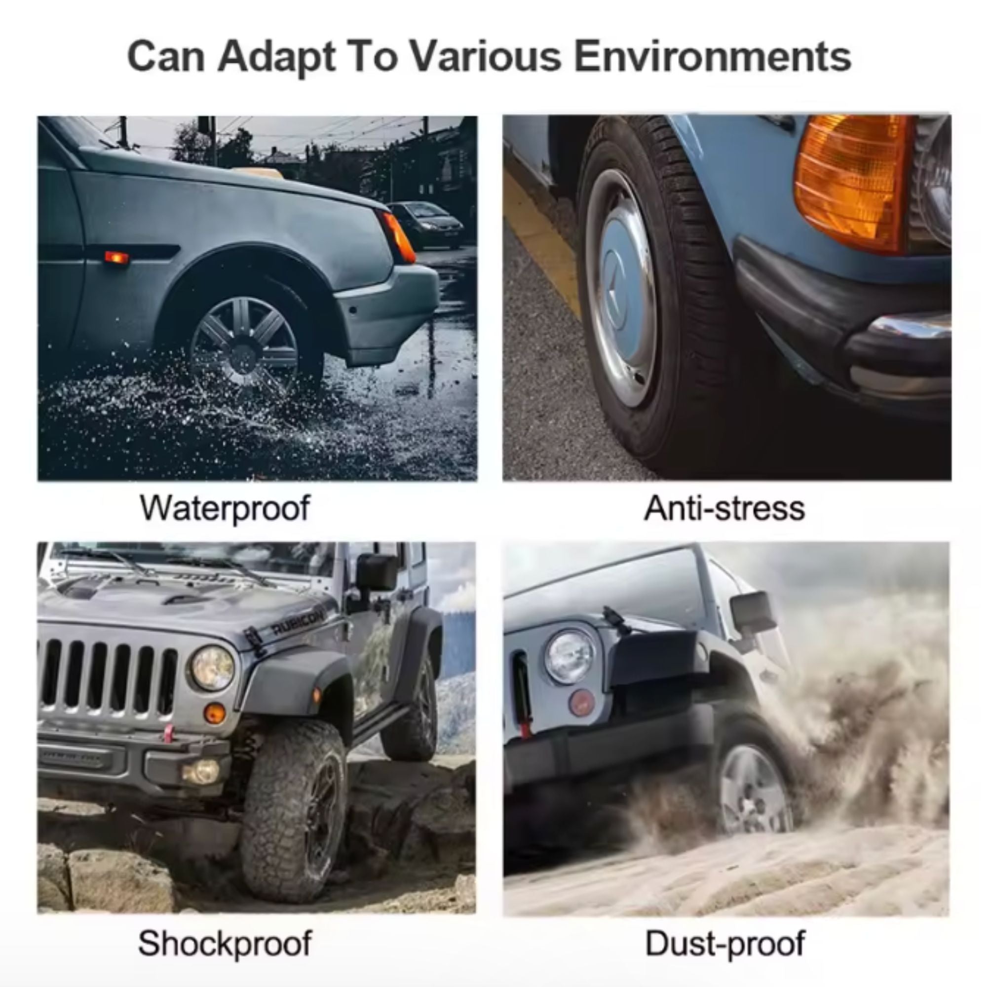 Four-panel visual collage demonstrating the TPMS sensors' rugged durability in extreme driving conditions, featuring waterproof, anti-stress, shockproof, and dust-proof capabilities.