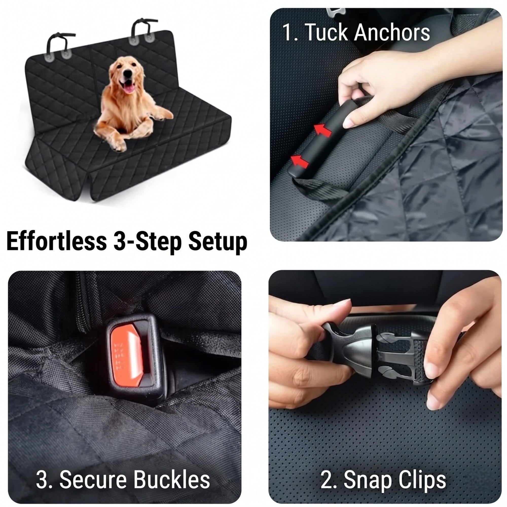Effortless three-step installation guide for the dog car seat cover showing how to securely tuck anchors, snap clips, and secure seatbelt buckles.