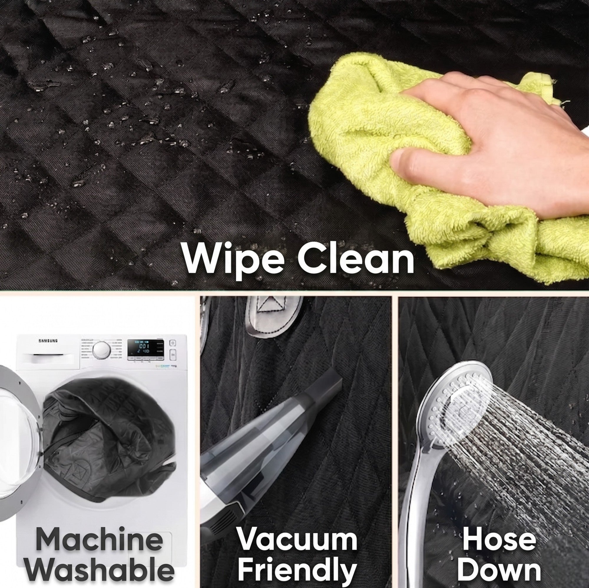 Collage of cleaning methods for a product, including wiping with a green cloth, washing in a machine, vacuuming, and showering.