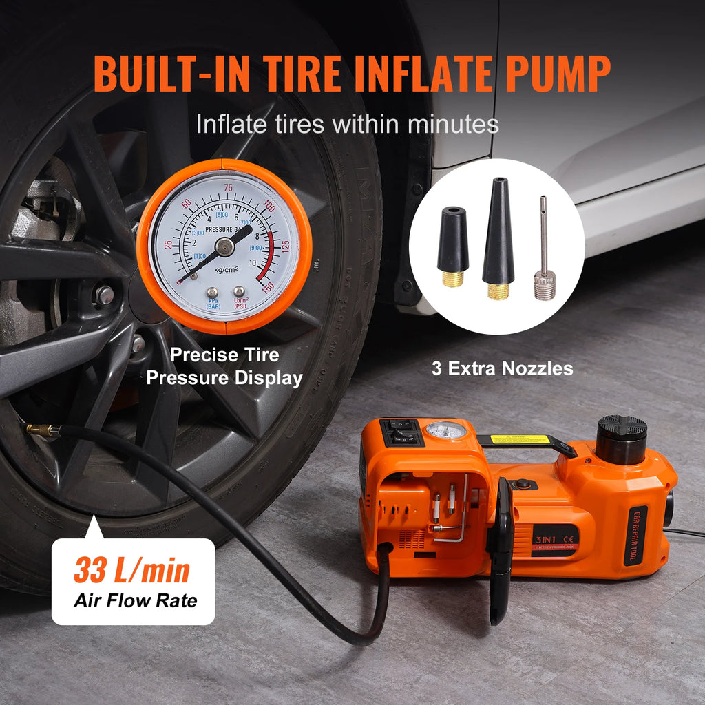 Integrated tyre inflator pump on the electric car jack connected to a vehicle wheel, displaying the analog pressure gauge and airflow rate.