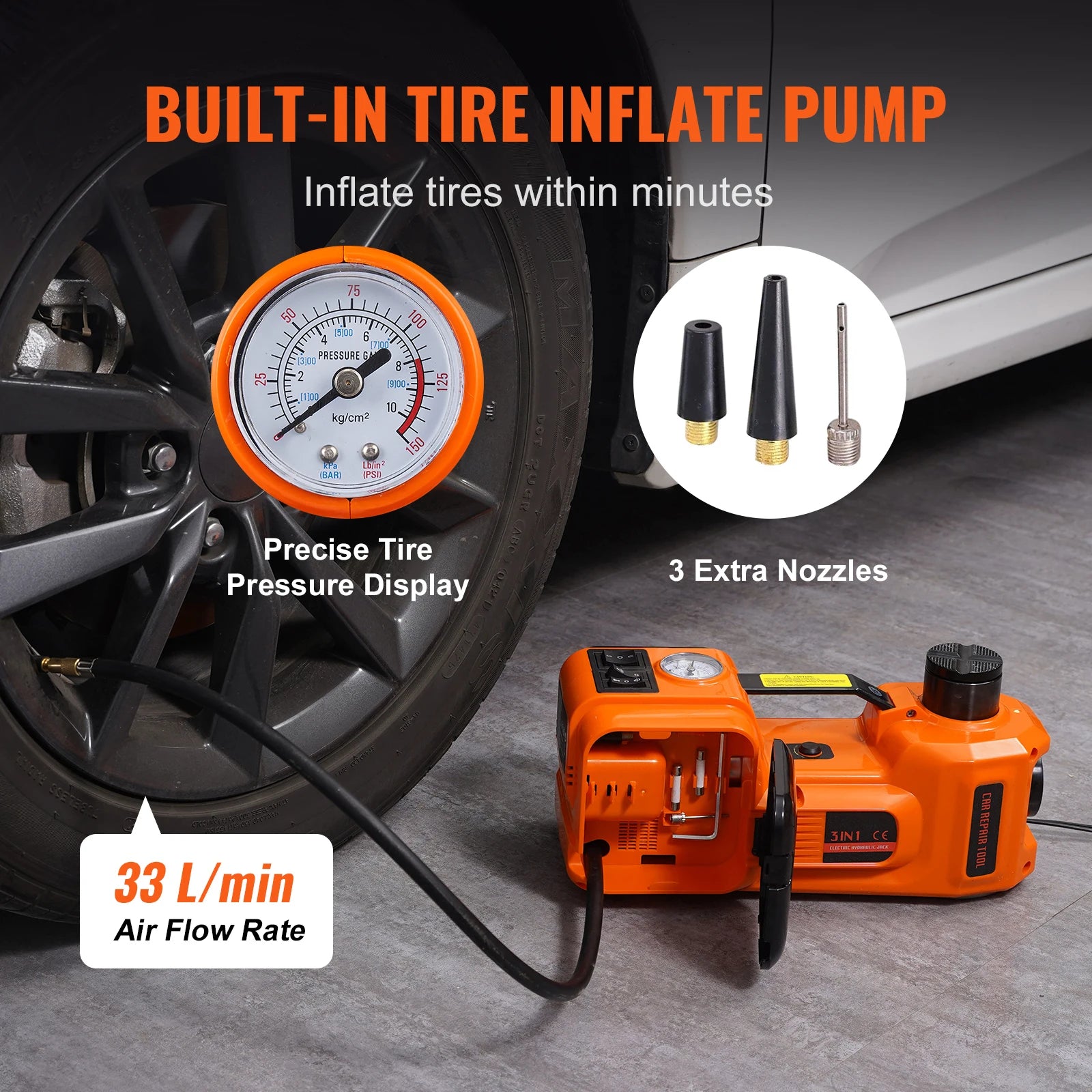 Integrated tyre inflator pump on the electric car jack connected to a vehicle wheel, displaying the analog pressure gauge and airflow rate.