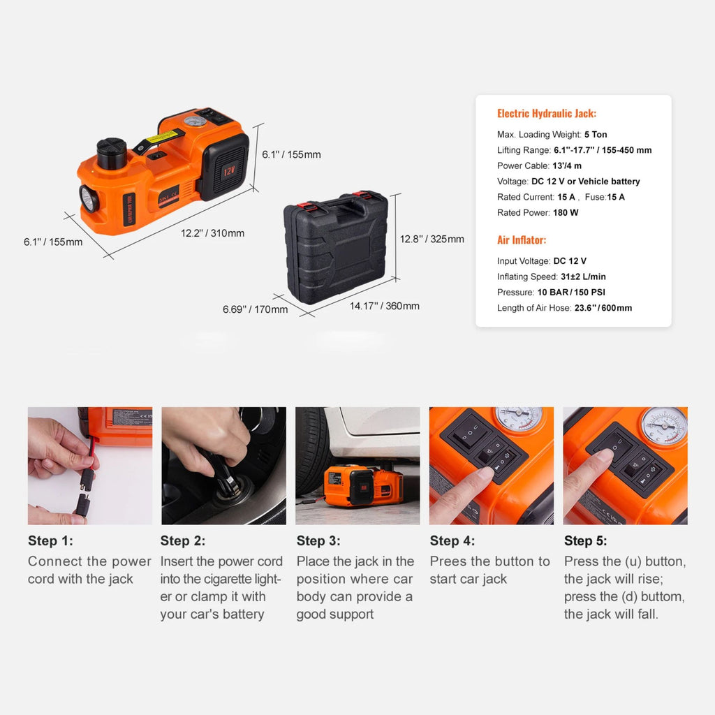 Technical dimensions of the 5-tonne electric hydraulic car jack alongside a step-by-step visual guide for connecting power and operating the lift.