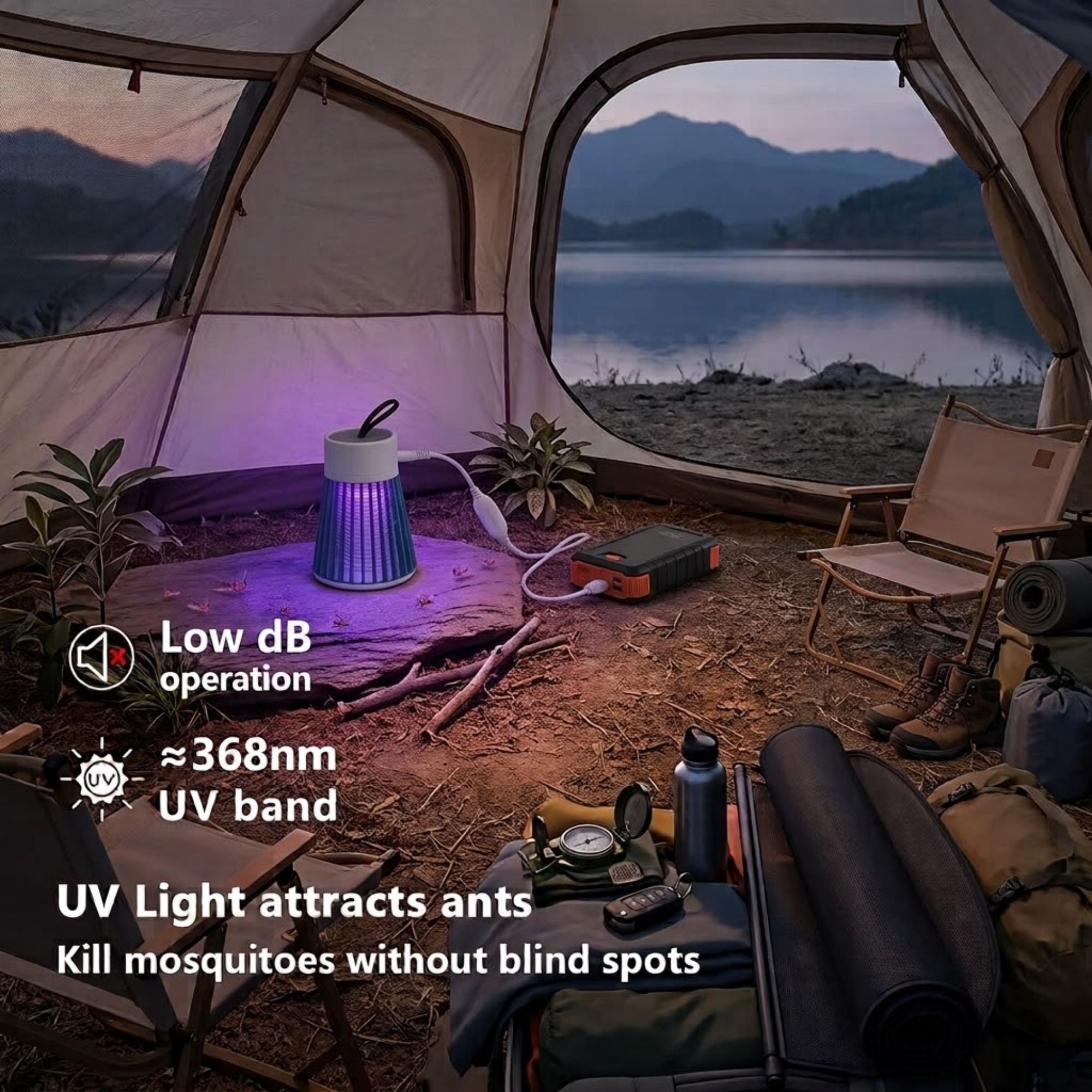 Cordless Insect Zapper glowing purple inside a camping tent at dusk beside a lake, powered by a portable battery pack