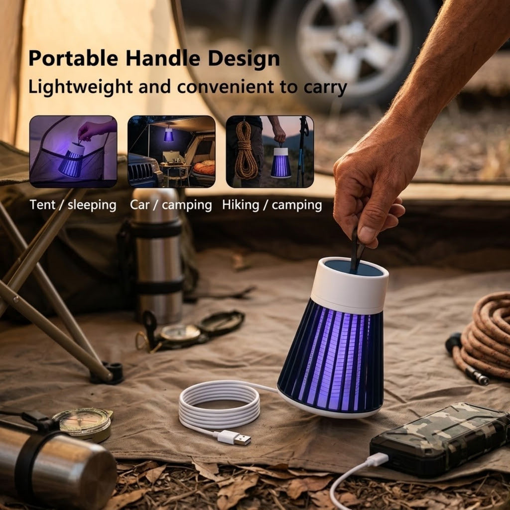 Hand charging a Cordless Insect Zapper via USB cable inside a tent, shown for tent, car and hiking camping use