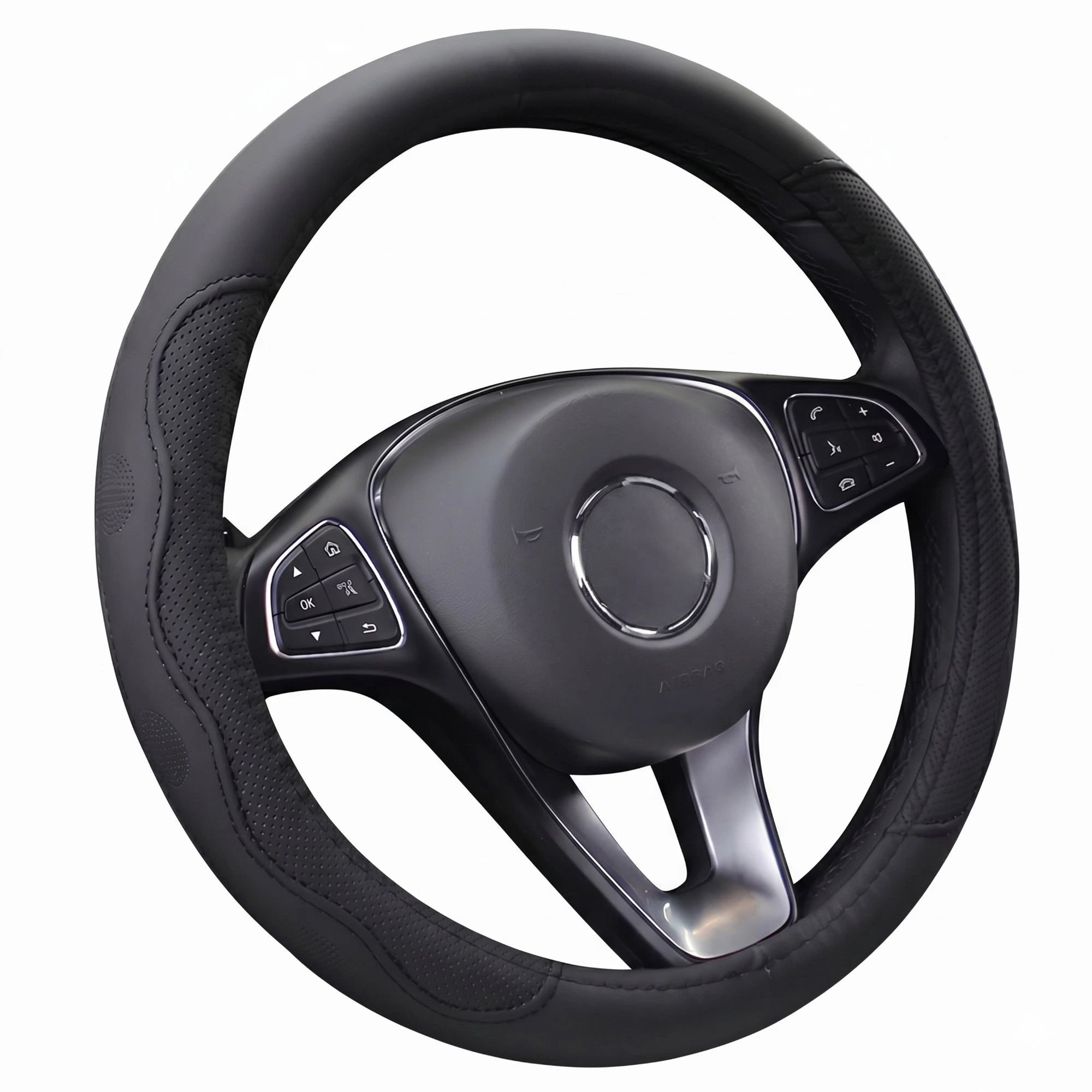 Black embossed PU leather steering wheel cover and interior protector featuring textured side panels, displayed on a steering wheel against a white background.
