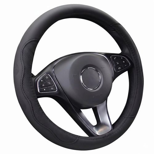 Black embossed PU leather steering wheel cover and interior protector featuring textured side panels, displayed on a steering wheel against a white background.