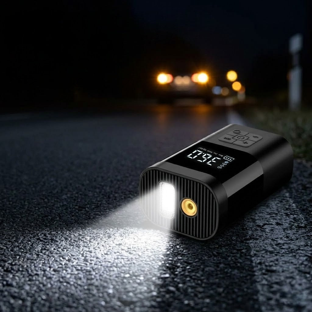 Cordless tyre inflator with its built-in LED flashlight turned on, illuminating a dark asphalt road at night with blurred car hazard lights in the background.