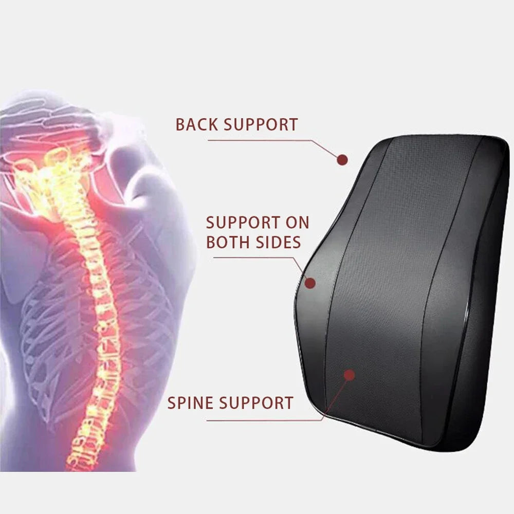 Diagram demonstrating how the lumbar support pillow aligns with and supports the human spine during seated transit.