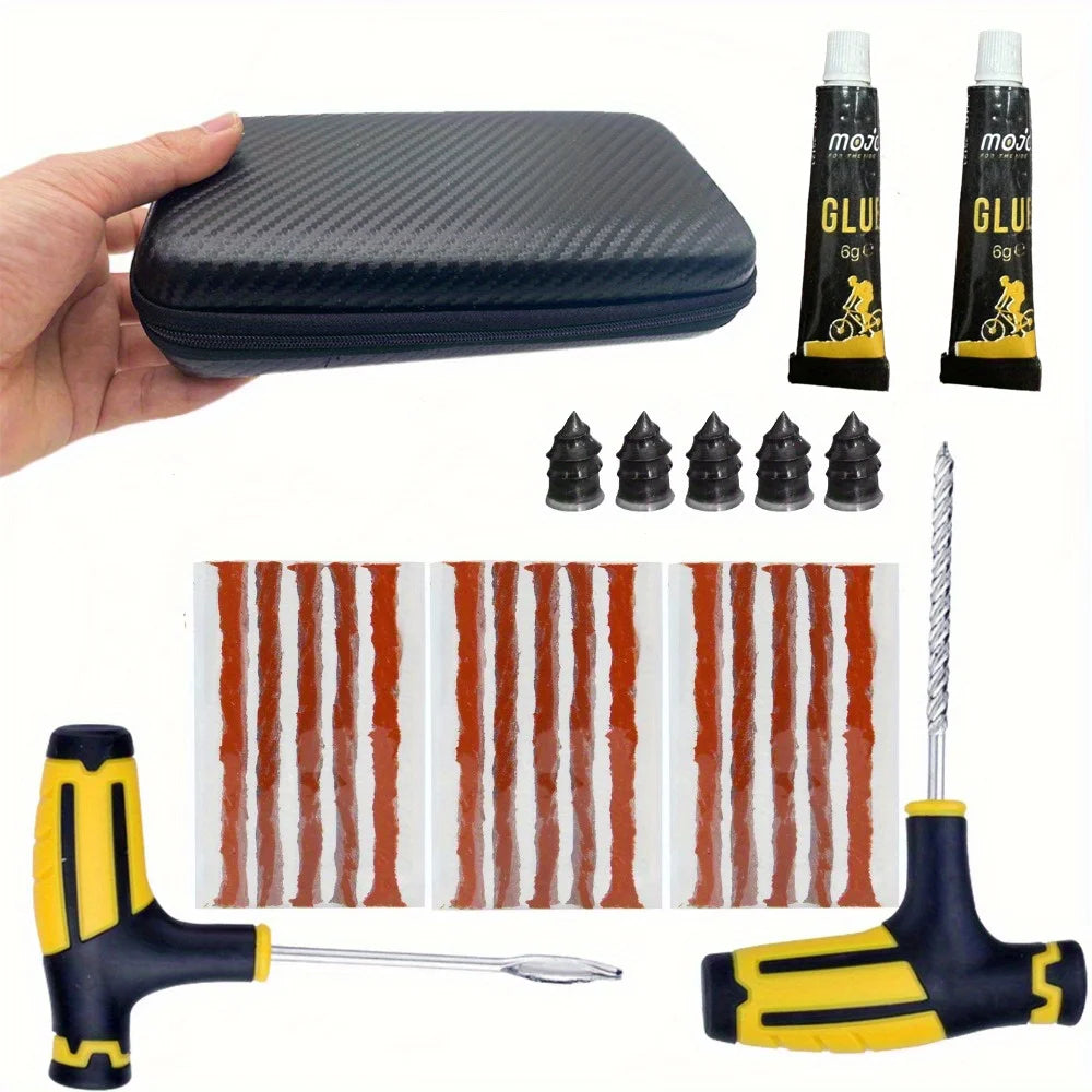 25-piece essential emergency tyre repair kit featuring T-handle tools, rubber strips, adhesive glue, and a compact black storage case.