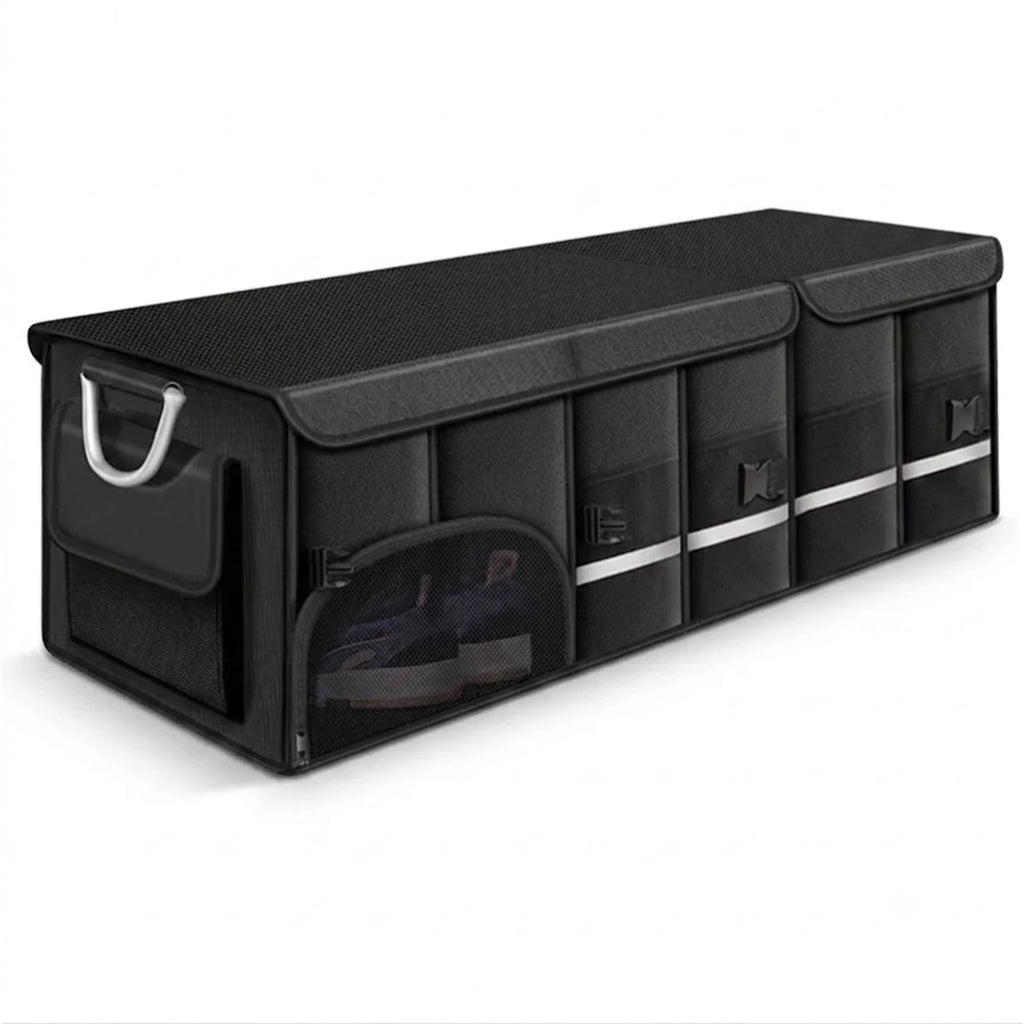 Heavy-Duty Car Boot Organiser extra-large foldable waterproof storage box in black Oxford fabric with multiple compartments and carry handle, pristine white background