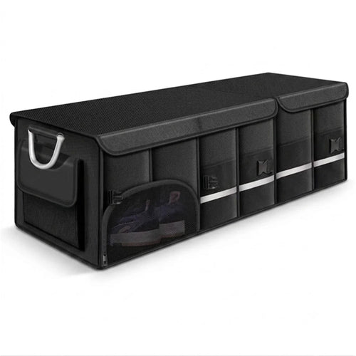 Heavy-Duty Car Boot Organiser extra-large foldable waterproof storage box in black Oxford fabric with multiple compartments and carry handle, pristine white background