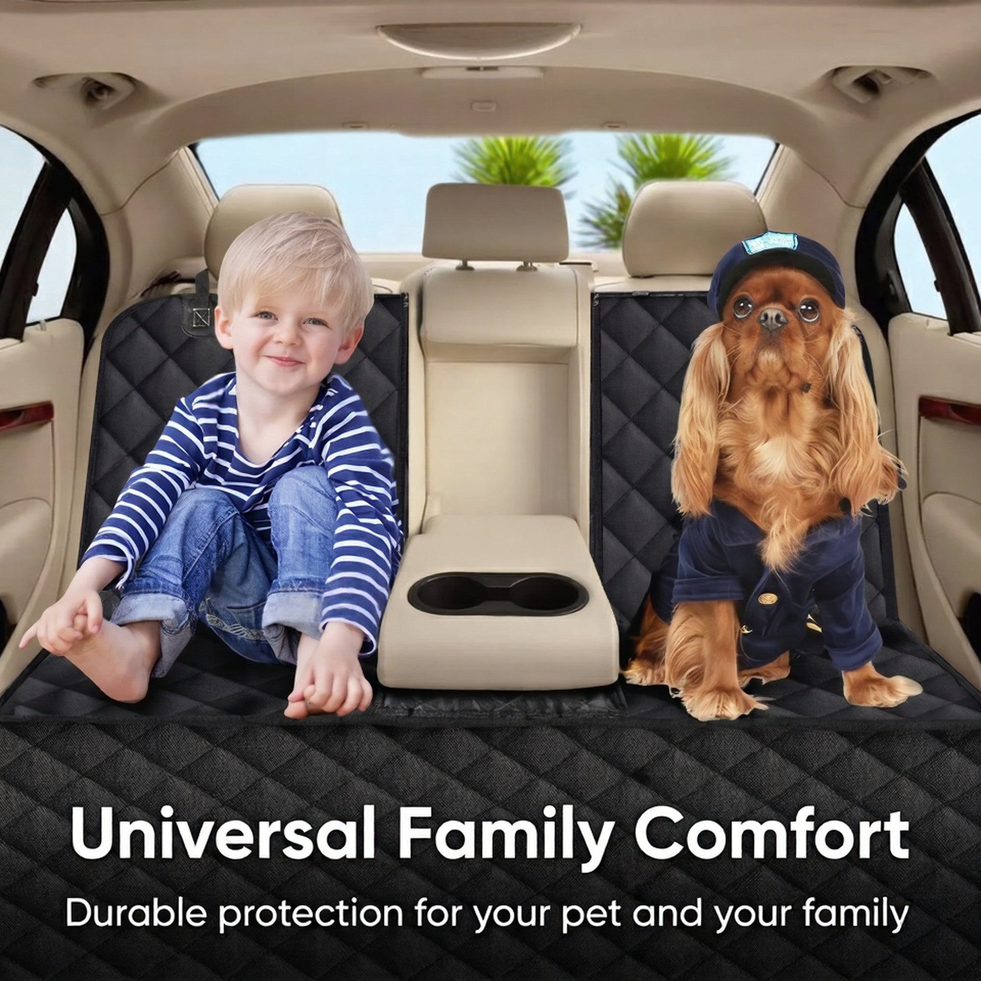 Young child and a small dog sitting safely together in the backseat of a car on a durable black quilted pet seat cover.
