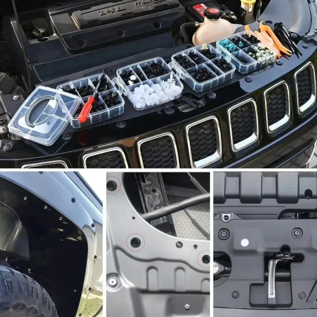 Car fastener clip organiser case open with sorted compartments beside a vehicle engine bay, with inset installation photos