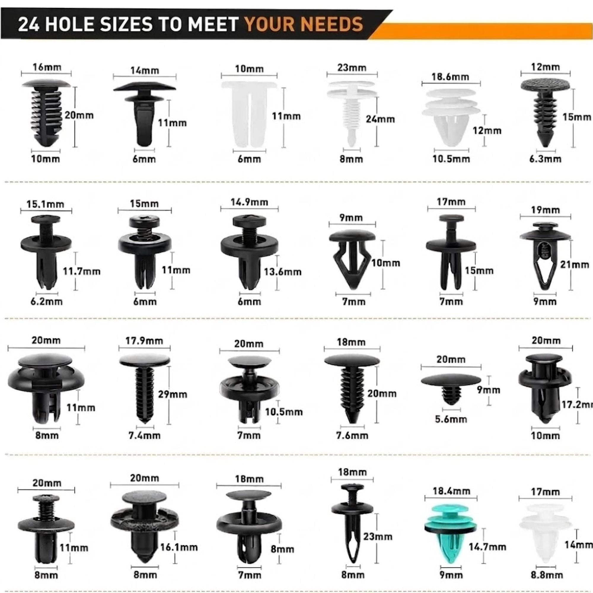 Reference chart showing 24 different hole sizes and millimetre measurements for car fastener retainer clips