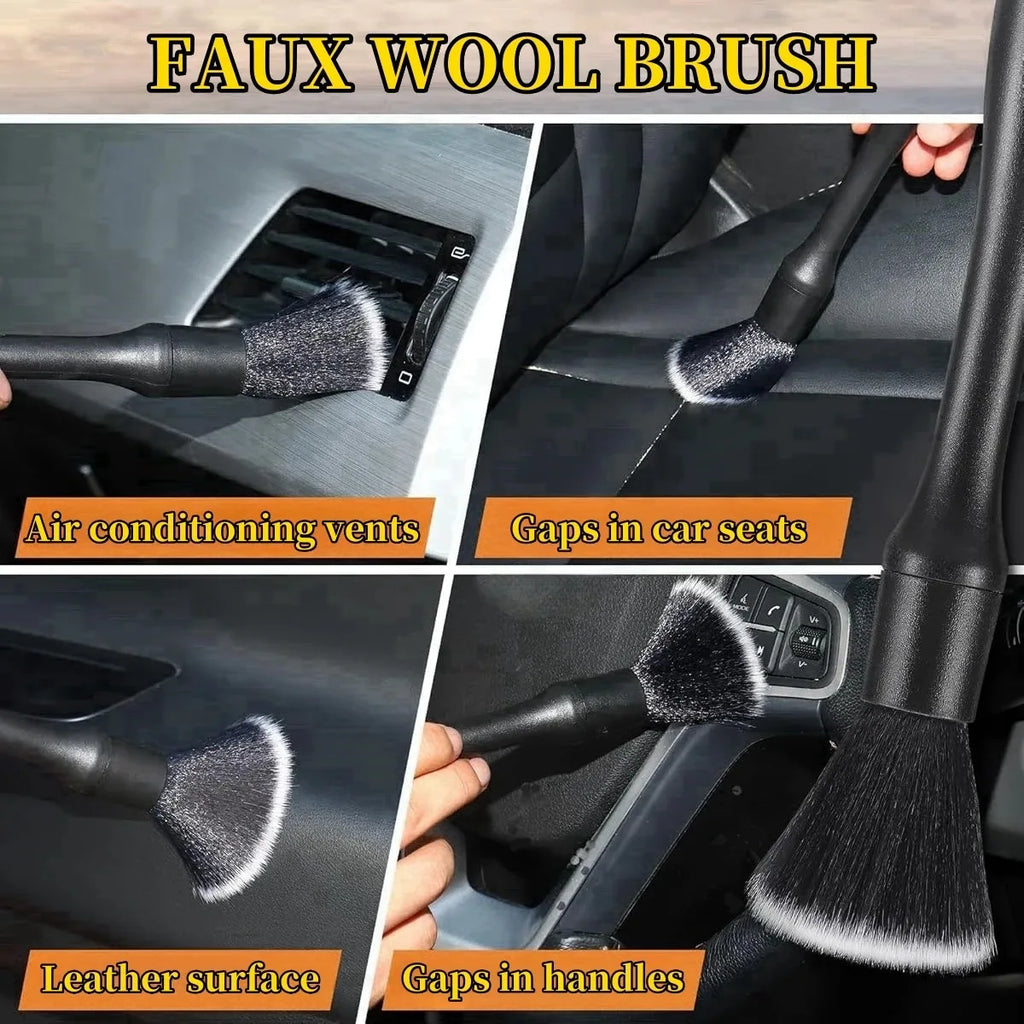 Synthetic faux wool car detailing brush being used to remove dust from vehicle air conditioning vents, leather consoles, and interior handles.