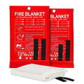 Two packaged Emergency Fire Blankets in red CE EN-1869:1997 certified pouches beside an unfolded white fibreglass blanket