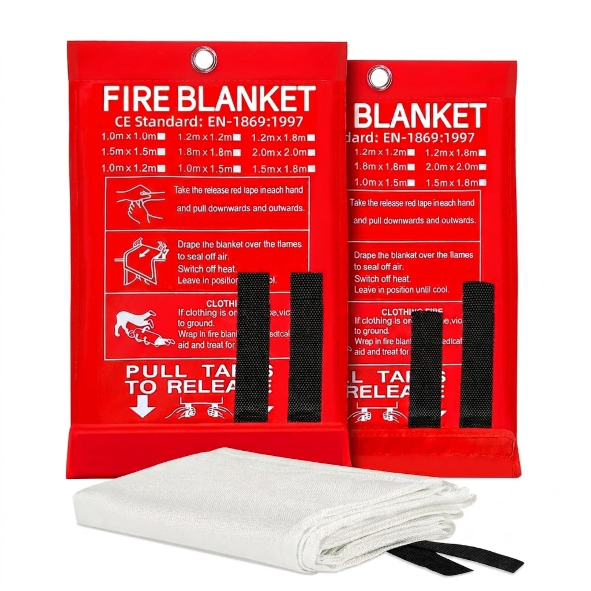 Two packaged Emergency Fire Blankets in red CE EN-1869:1997 certified pouches beside an unfolded white fibreglass blanket