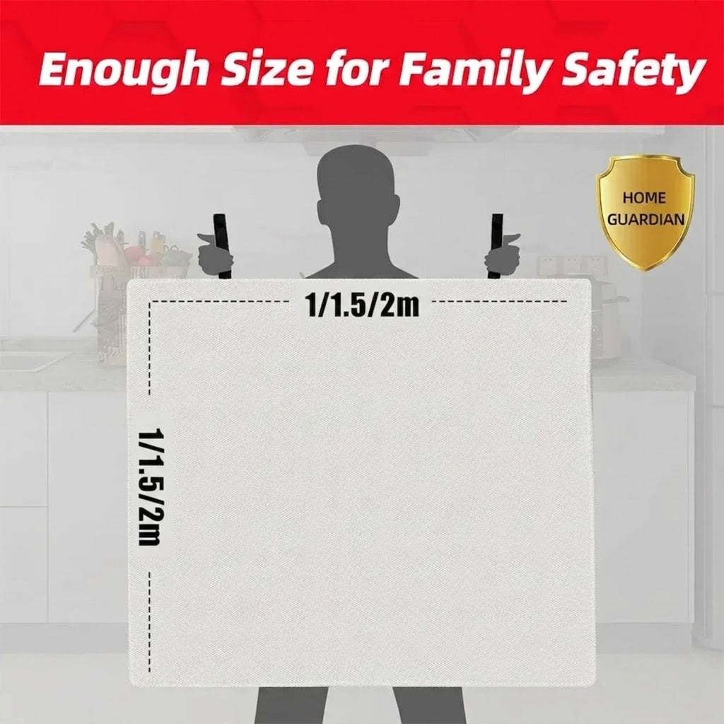 Diagram of a person holding the Emergency Fire Blanket showing its 1m, 1.5m and 2m size options for family safety